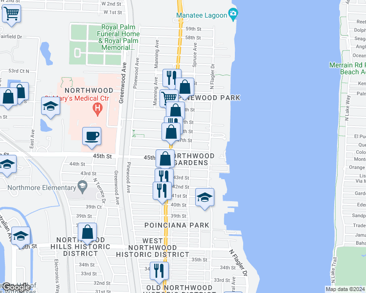 map of restaurants, bars, coffee shops, grocery stores, and more near 512 47th Street in West Palm Beach