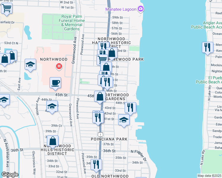 map of restaurants, bars, coffee shops, grocery stores, and more near 512 47th Street in West Palm Beach