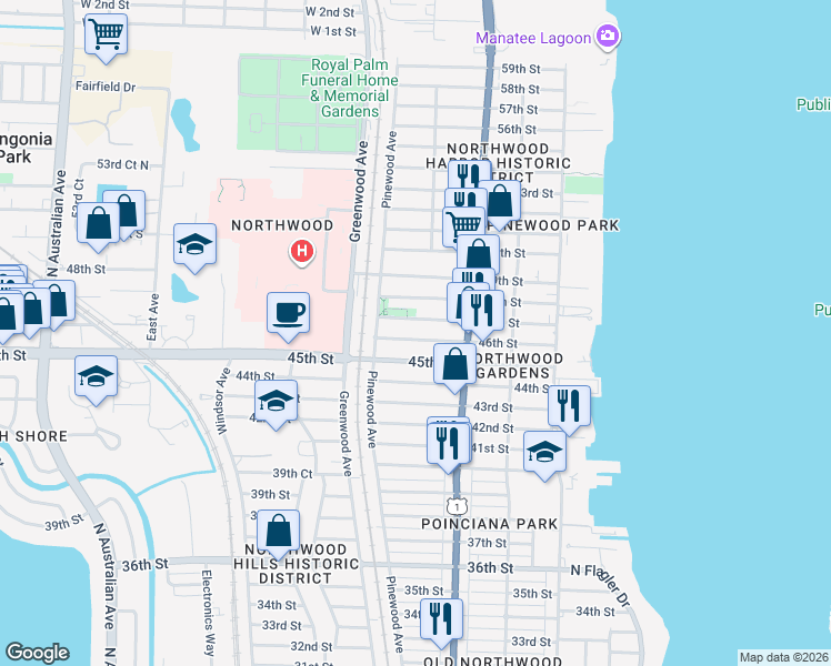 map of restaurants, bars, coffee shops, grocery stores, and more near 707 46th Street in West Palm Beach