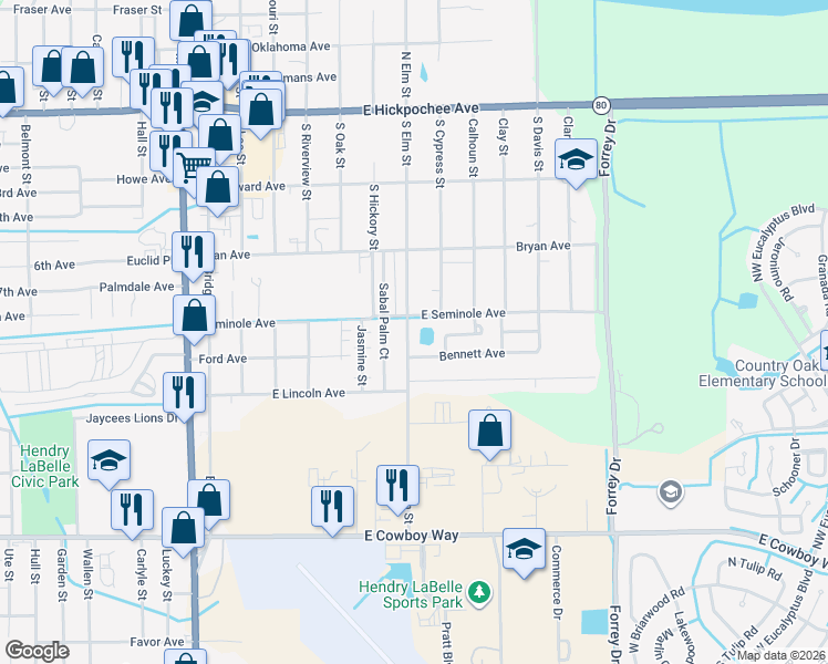 map of restaurants, bars, coffee shops, grocery stores, and more near 535 South Elm Street in LaBelle