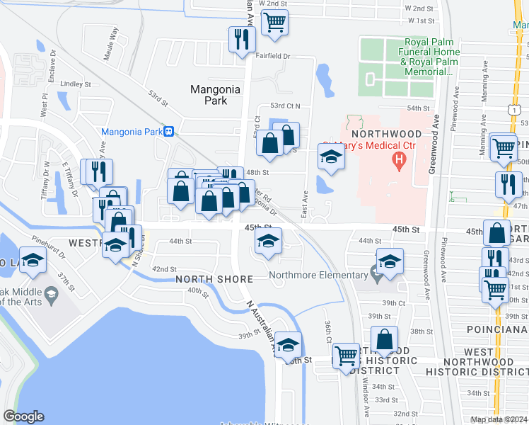 map of restaurants, bars, coffee shops, grocery stores, and more near 1130 46th Street in West Palm Beach