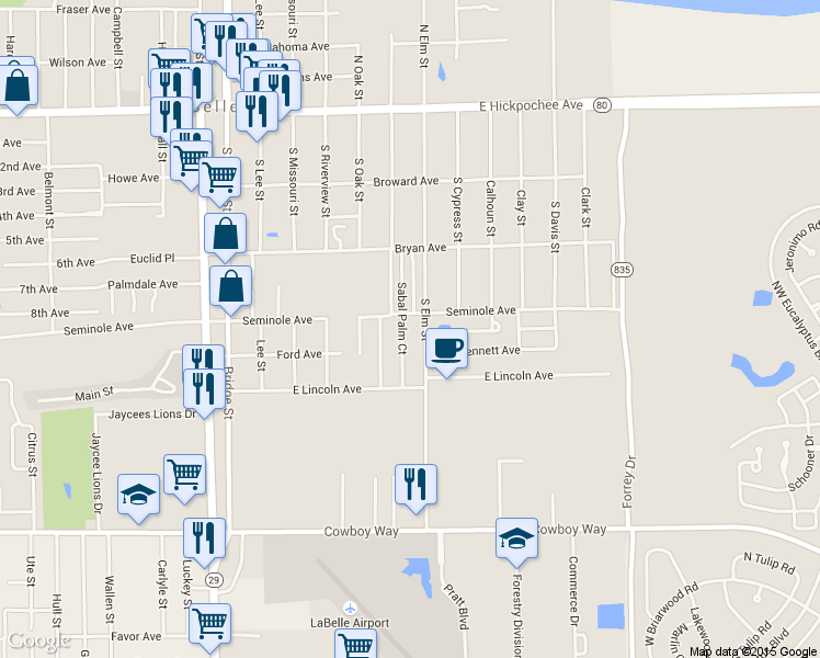 map of restaurants, bars, coffee shops, grocery stores, and more near 535 Sabal Palm Ct in LaBelle