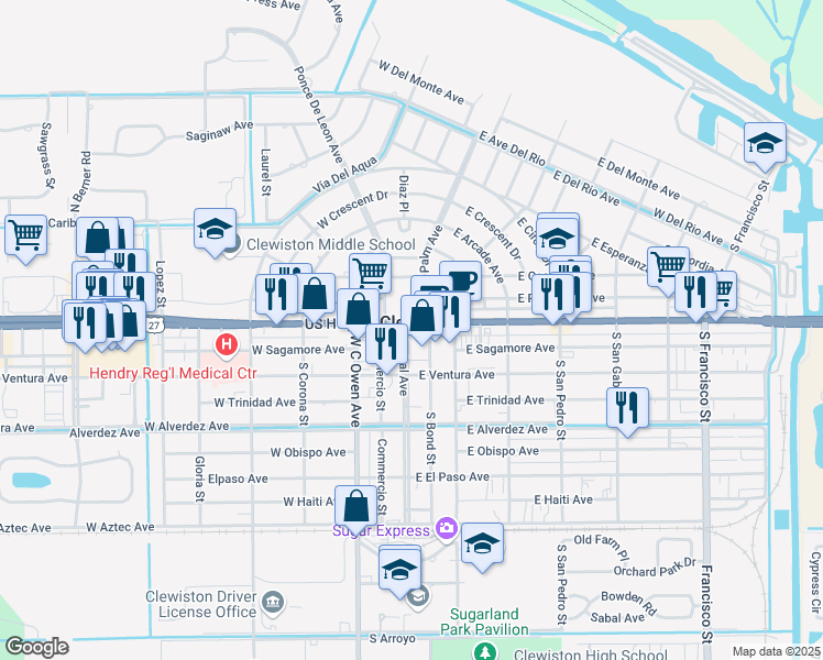 map of restaurants, bars, coffee shops, grocery stores, and more near 100 East Sugarland Highway in Clewiston