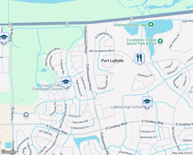 map of restaurants, bars, coffee shops, grocery stores, and more near 4002 Cascade Lane in LaBelle