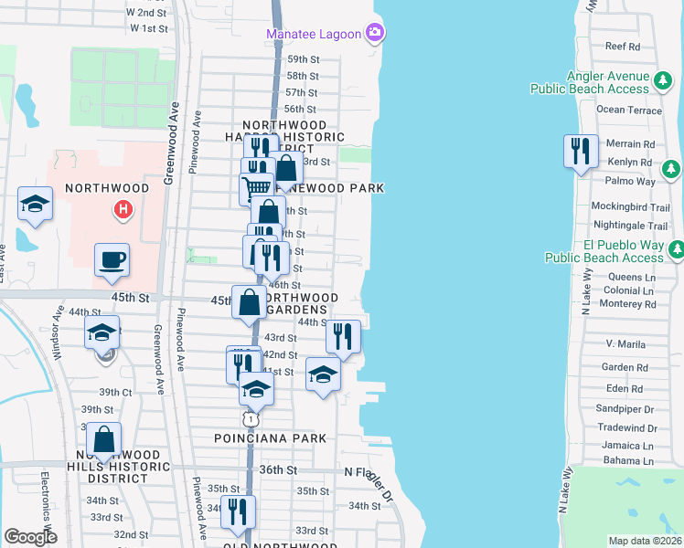 map of restaurants, bars, coffee shops, grocery stores, and more near 4714 North Flagler Drive in West Palm Beach