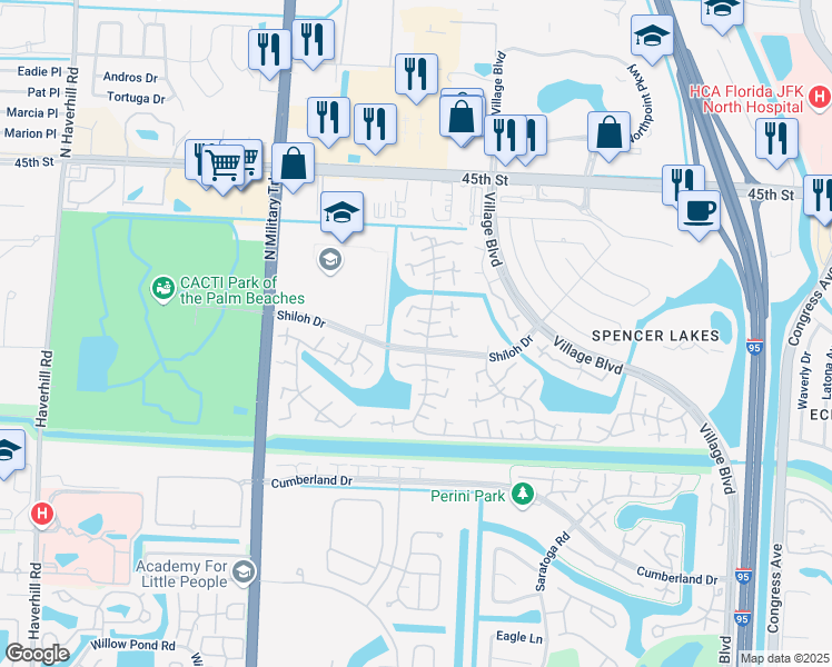 map of restaurants, bars, coffee shops, grocery stores, and more near 34th Way in West Palm Beach