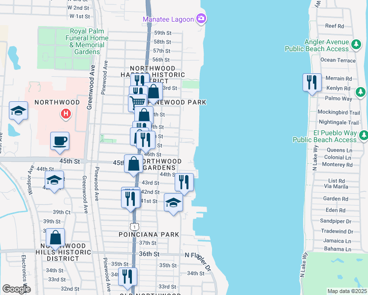 map of restaurants, bars, coffee shops, grocery stores, and more near 4714 North Flagler Drive in West Palm Beach