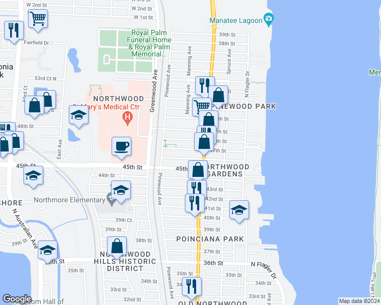 map of restaurants, bars, coffee shops, grocery stores, and more near 628 47th Street in West Palm Beach