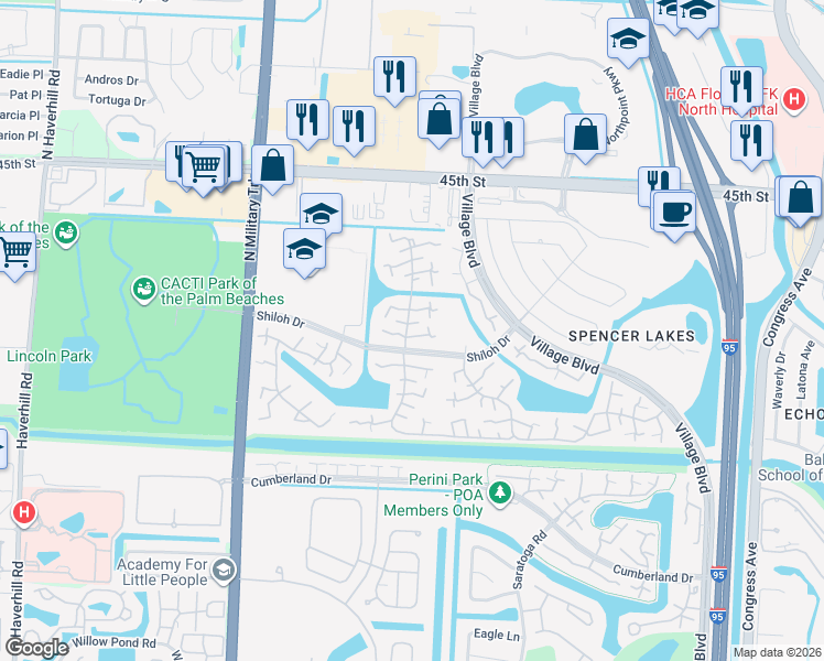 map of restaurants, bars, coffee shops, grocery stores, and more near 3429 34th Way in West Palm Beach
