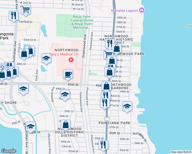 map of restaurants, bars, coffee shops, grocery stores, and more near 707 46th Street in West Palm Beach