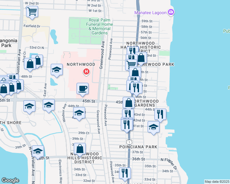 map of restaurants, bars, coffee shops, grocery stores, and more near 707 46th Street in West Palm Beach