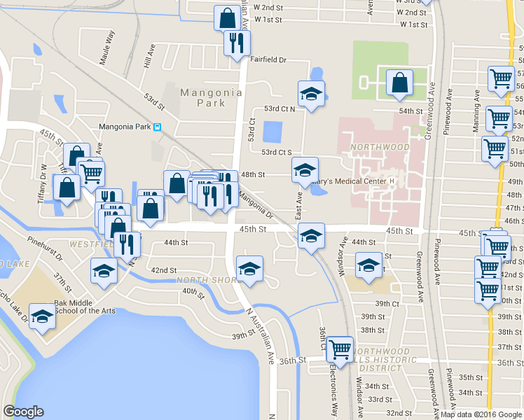 map of restaurants, bars, coffee shops, grocery stores, and more near Mangonia Drive in West Palm Beach