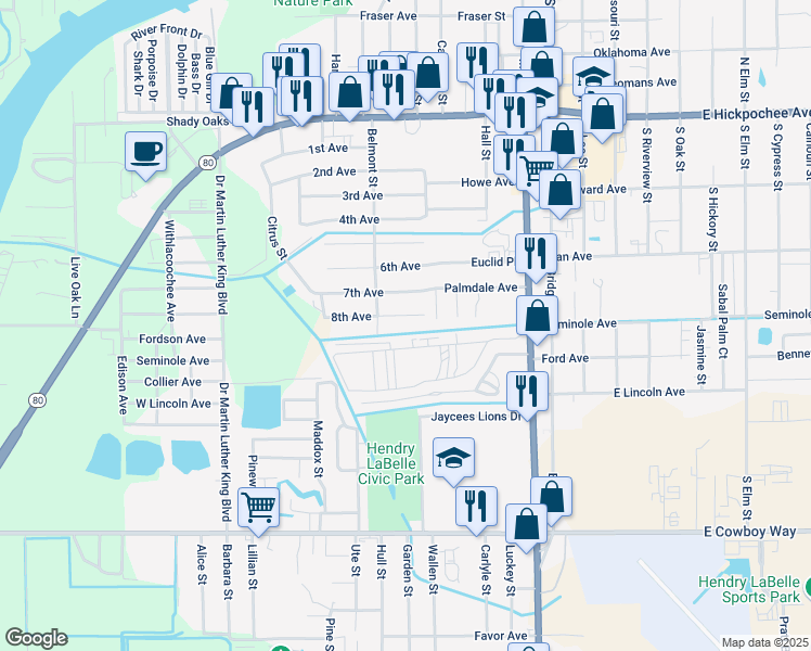 map of restaurants, bars, coffee shops, grocery stores, and more near 299 8th Avenue in LaBelle