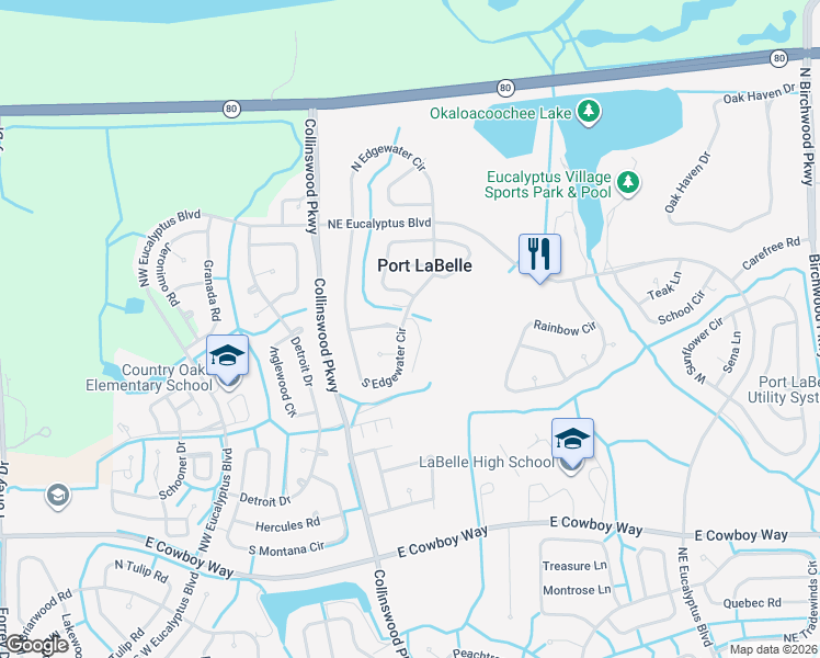 map of restaurants, bars, coffee shops, grocery stores, and more near 4081 South Edgewater Circle in LaBelle