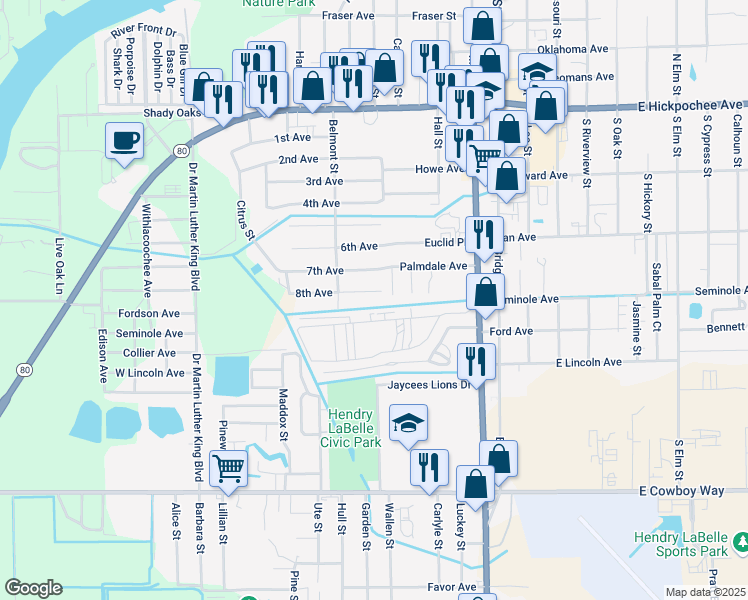map of restaurants, bars, coffee shops, grocery stores, and more near 299 8th Avenue in LaBelle