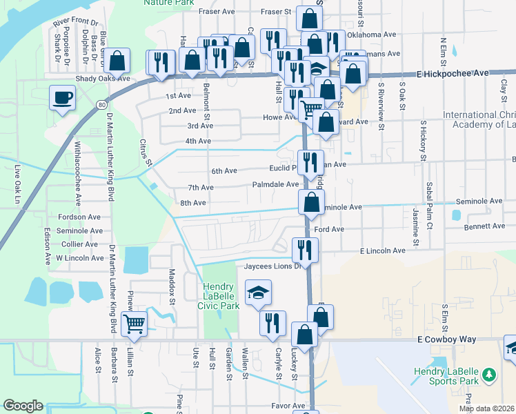 map of restaurants, bars, coffee shops, grocery stores, and more near 510 Kathryn Street in LaBelle
