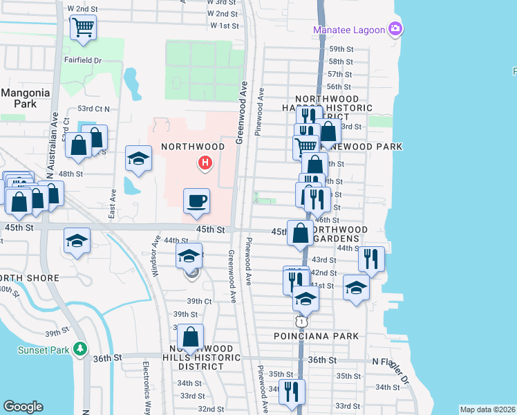map of restaurants, bars, coffee shops, grocery stores, and more near 734 47th Street in West Palm Beach