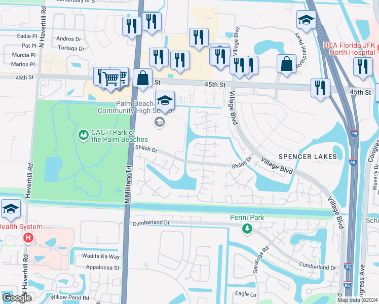 map of restaurants, bars, coffee shops, grocery stores, and more near 3505 Shiloh Drive in West Palm Beach