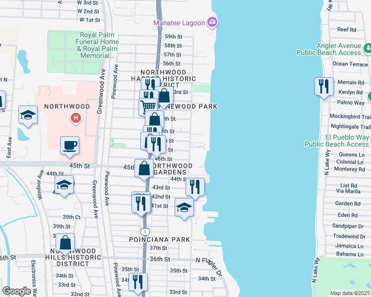 map of restaurants, bars, coffee shops, grocery stores, and more near 422 47th Street in West Palm Beach