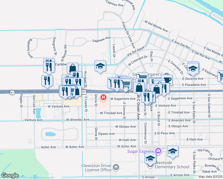 map of restaurants, bars, coffee shops, grocery stores, and more near 444 West Sugarland Highway in Clewiston