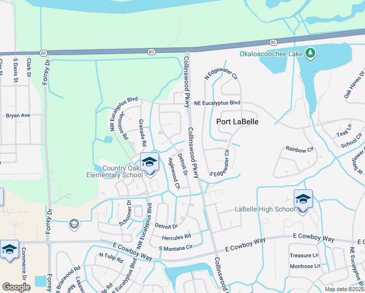 map of restaurants, bars, coffee shops, grocery stores, and more near 2023 Detroit Drive in LaBelle