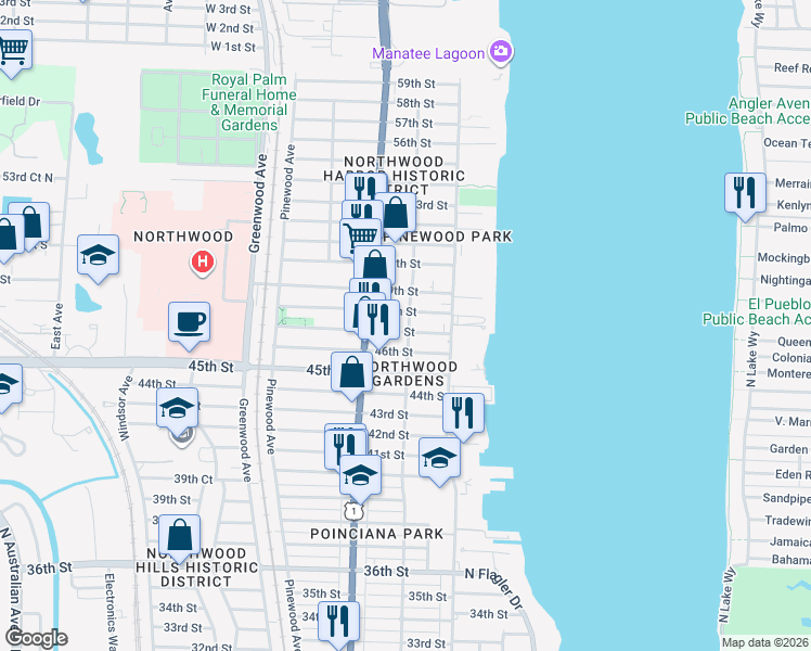 map of restaurants, bars, coffee shops, grocery stores, and more near 4801 Spruce Avenue in West Palm Beach