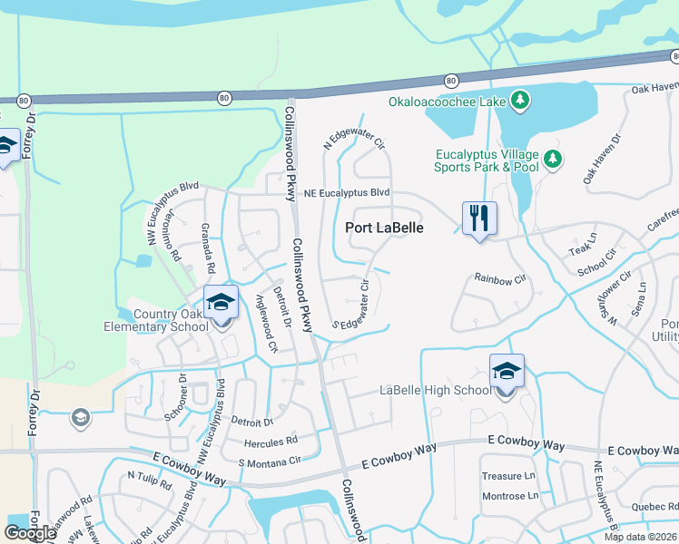 map of restaurants, bars, coffee shops, grocery stores, and more near 4056 South Edgewater Circle in LaBelle