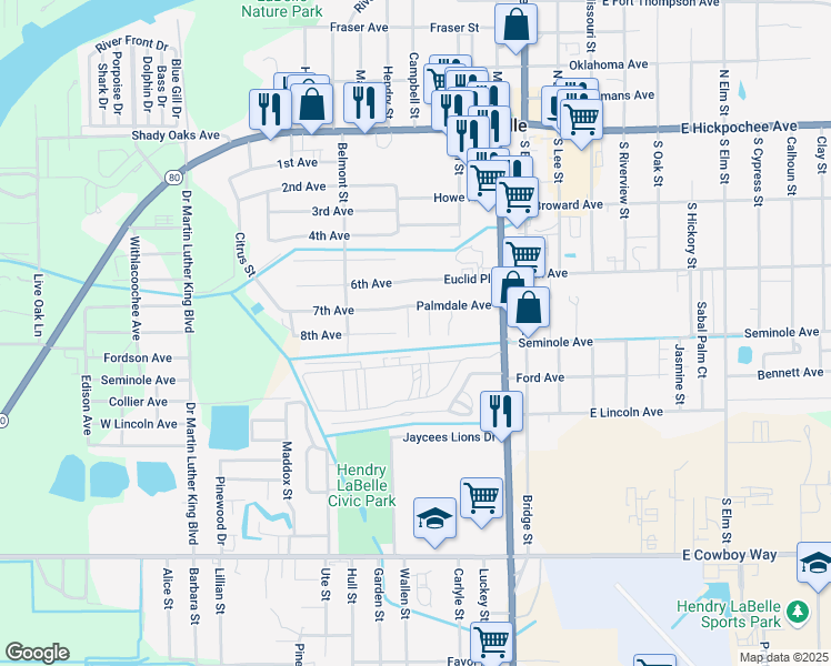 map of restaurants, bars, coffee shops, grocery stores, and more near 495 Christopher Court in LaBelle