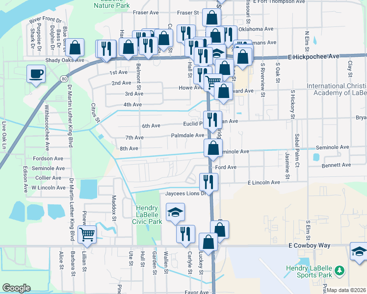 map of restaurants, bars, coffee shops, grocery stores, and more near 510 Kathryn Street in LaBelle