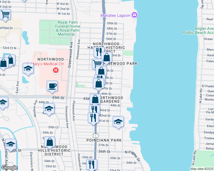 map of restaurants, bars, coffee shops, grocery stores, and more near 512 47th Street in West Palm Beach