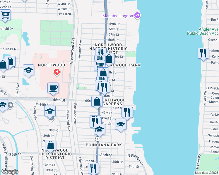 map of restaurants, bars, coffee shops, grocery stores, and more near 512 47th Street in West Palm Beach