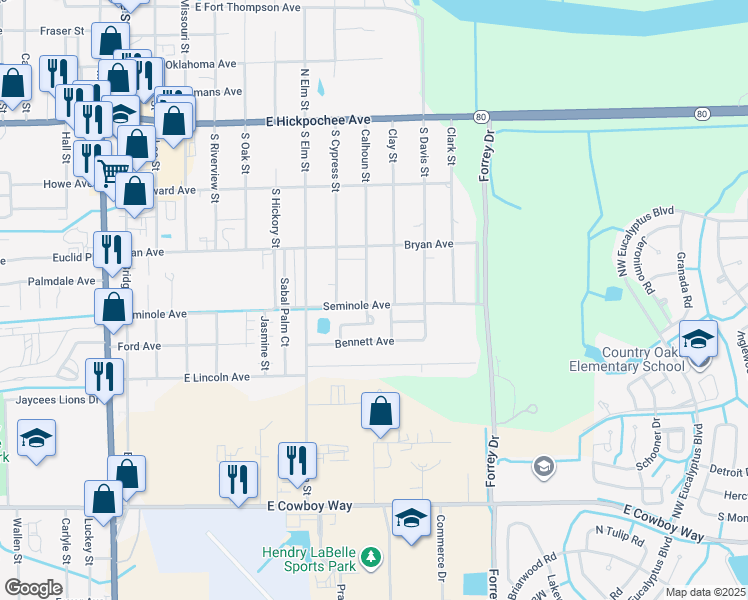 map of restaurants, bars, coffee shops, grocery stores, and more near 495 South Calhoun Street in LaBelle