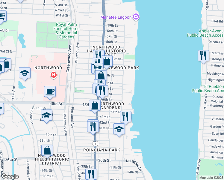 map of restaurants, bars, coffee shops, grocery stores, and more near 422 49th Street in West Palm Beach