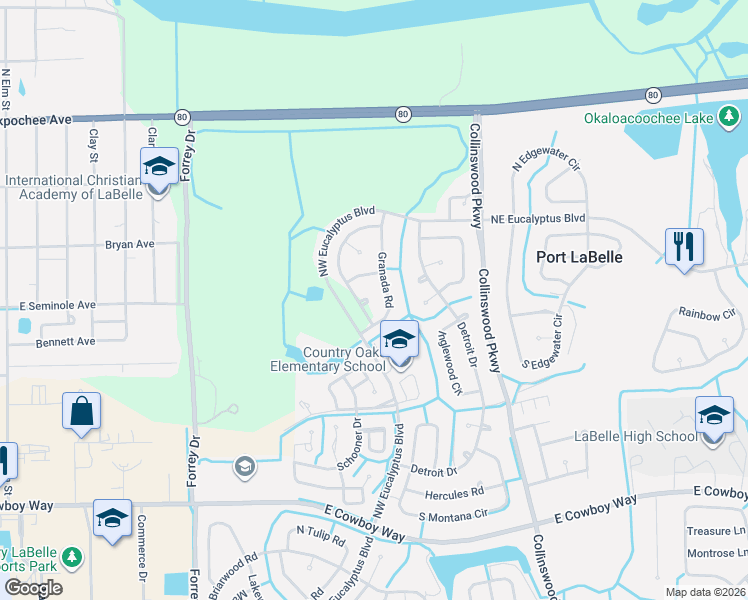 map of restaurants, bars, coffee shops, grocery stores, and more near 2004 Alliance Lane in LaBelle