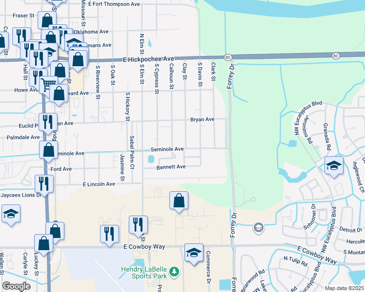 map of restaurants, bars, coffee shops, grocery stores, and more near 490 Clay Street in LaBelle