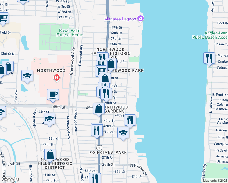 map of restaurants, bars, coffee shops, grocery stores, and more near 516 49th Street in West Palm Beach