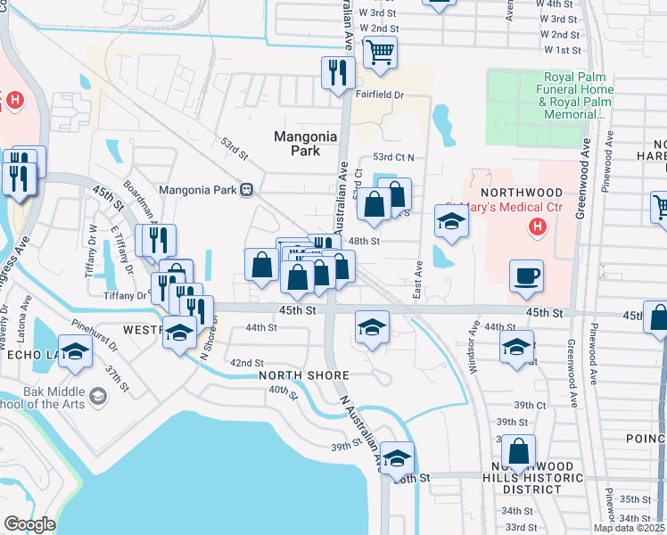 map of restaurants, bars, coffee shops, grocery stores, and more near 4711 North Australian Avenue in West Palm Beach