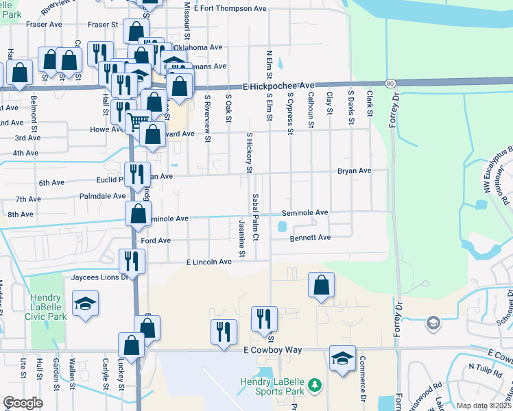 map of restaurants, bars, coffee shops, grocery stores, and more near 431 Sabal Palm Court in LaBelle