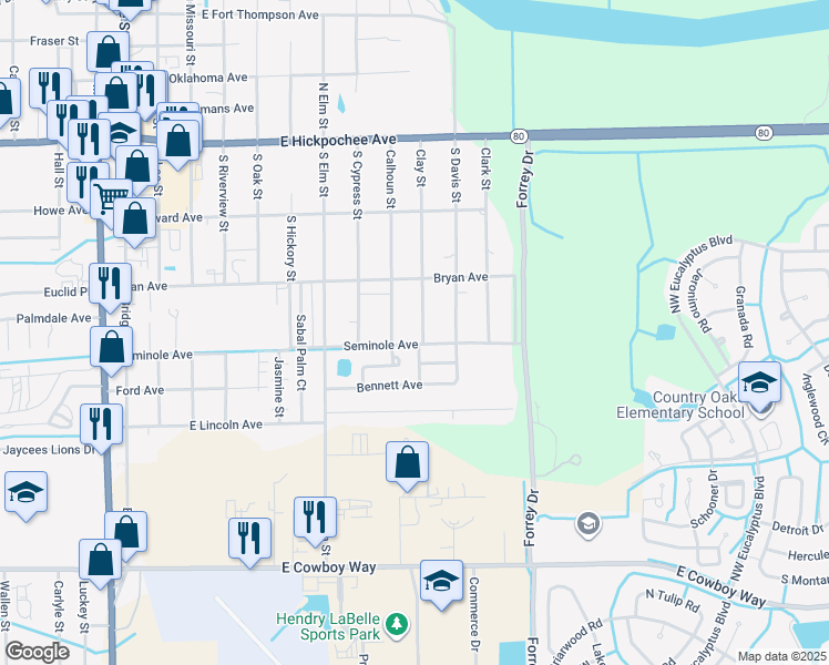 map of restaurants, bars, coffee shops, grocery stores, and more near 480 Clay Street in LaBelle