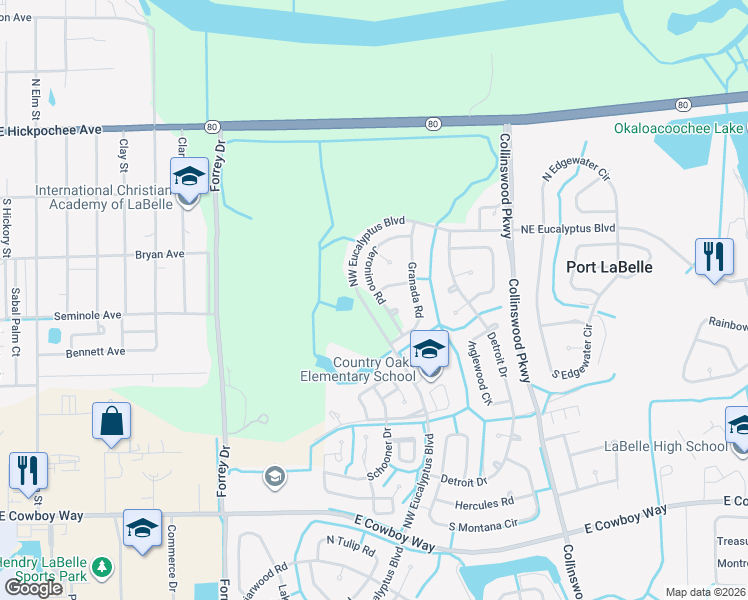 map of restaurants, bars, coffee shops, grocery stores, and more near 2031 Jeronimo Road in LaBelle