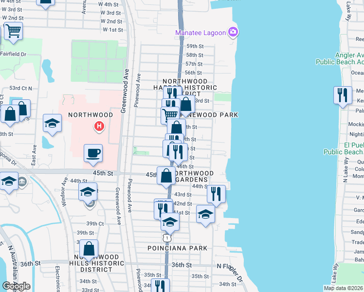 map of restaurants, bars, coffee shops, grocery stores, and more near 516 49th Street in West Palm Beach