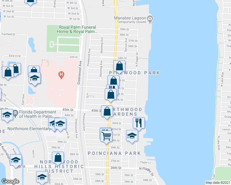 map of restaurants, bars, coffee shops, grocery stores, and more near 516 49th Street in West Palm Beach