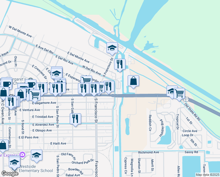 map of restaurants, bars, coffee shops, grocery stores, and more near 825 Concordia Avenue in Clewiston