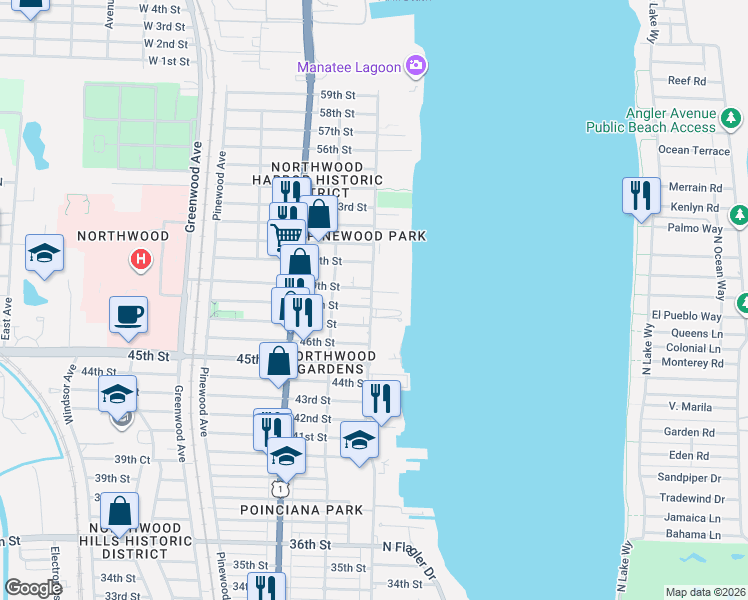 map of restaurants, bars, coffee shops, grocery stores, and more near 4914 49th Street in West Palm Beach