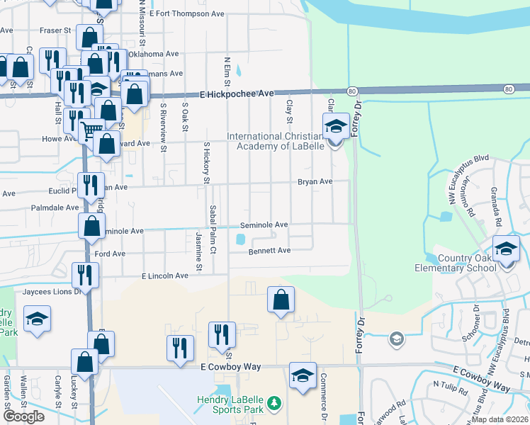 map of restaurants, bars, coffee shops, grocery stores, and more near 440 Calhoun Street in LaBelle