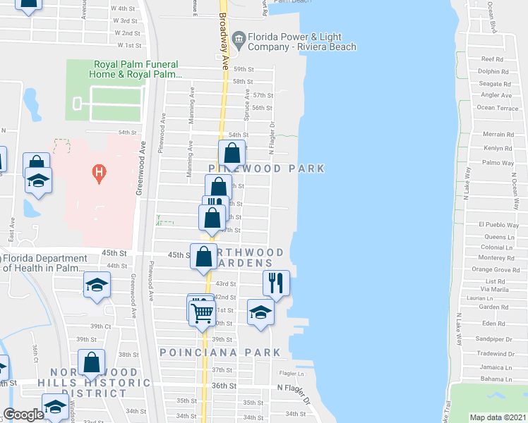 map of restaurants, bars, coffee shops, grocery stores, and more near 422 49th Street in West Palm Beach