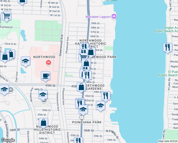map of restaurants, bars, coffee shops, grocery stores, and more near 516 49th Street in West Palm Beach