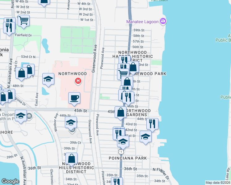 map of restaurants, bars, coffee shops, grocery stores, and more near 705 48th Street in West Palm Beach