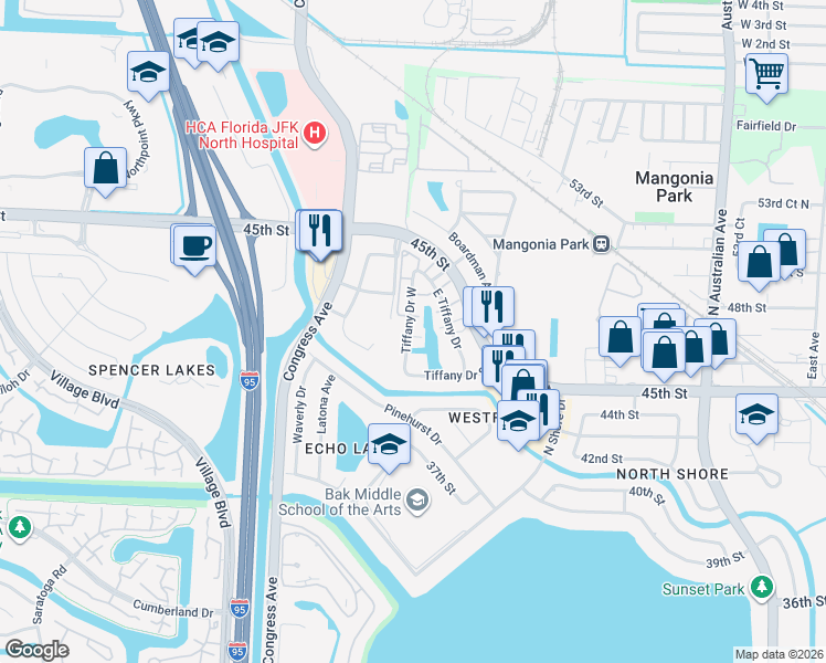 map of restaurants, bars, coffee shops, grocery stores, and more near 817 Tiffany Drive East in West Palm Beach