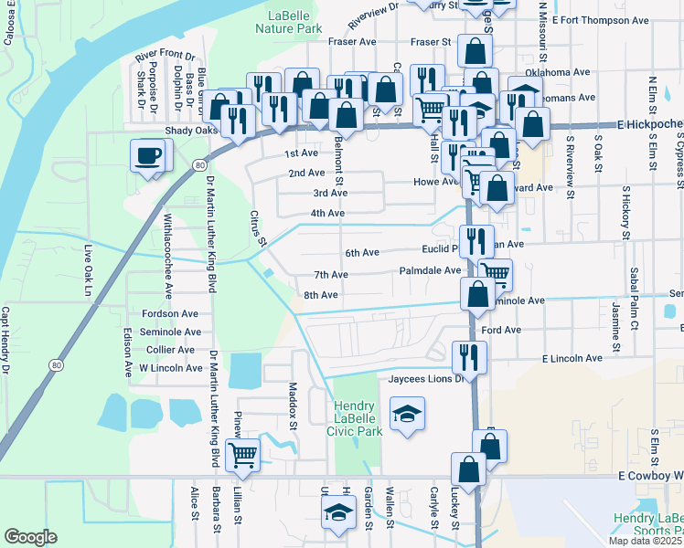 map of restaurants, bars, coffee shops, grocery stores, and more near 403 Belmont Street in LaBelle
